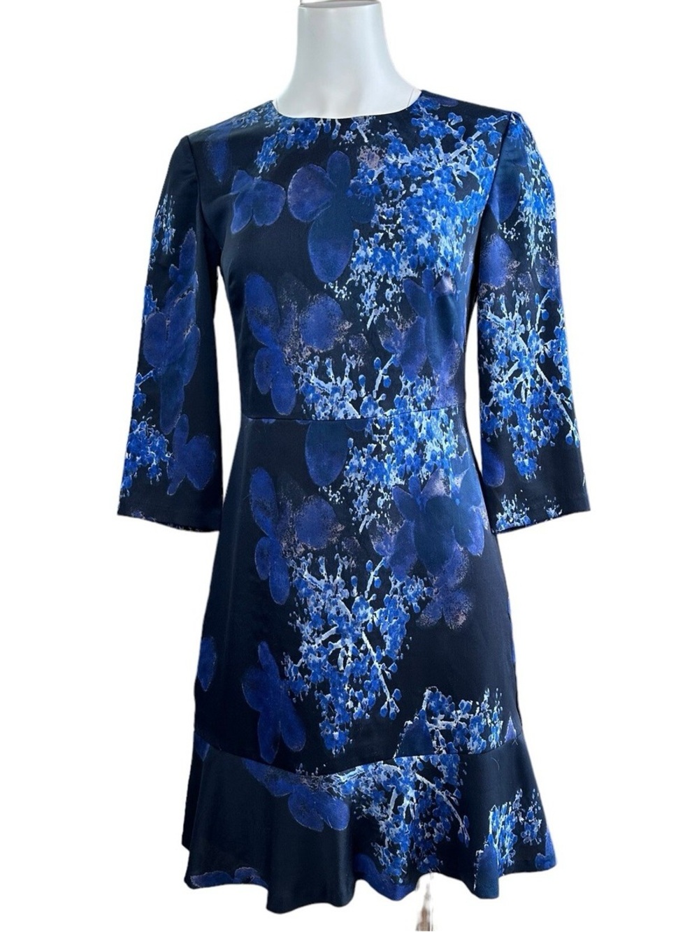 Blue Floral A-Line Dress with Three-Quarter Sleeves and Ruffle Hem